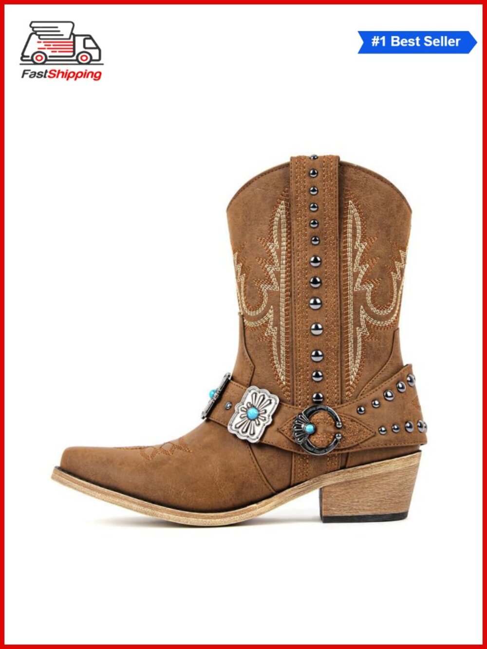 ✨ Womens Ankle Western Boots Pointed Toe Faux Leather Block Heel Studded